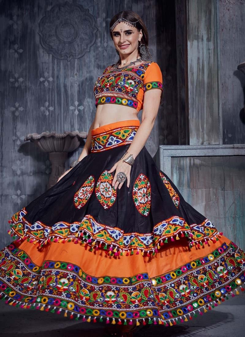 Orange Color Cotton Fabric Mirror And Resham Work Navratri Special Lehenga Choli Low Pice Fee Shipping Sale Online