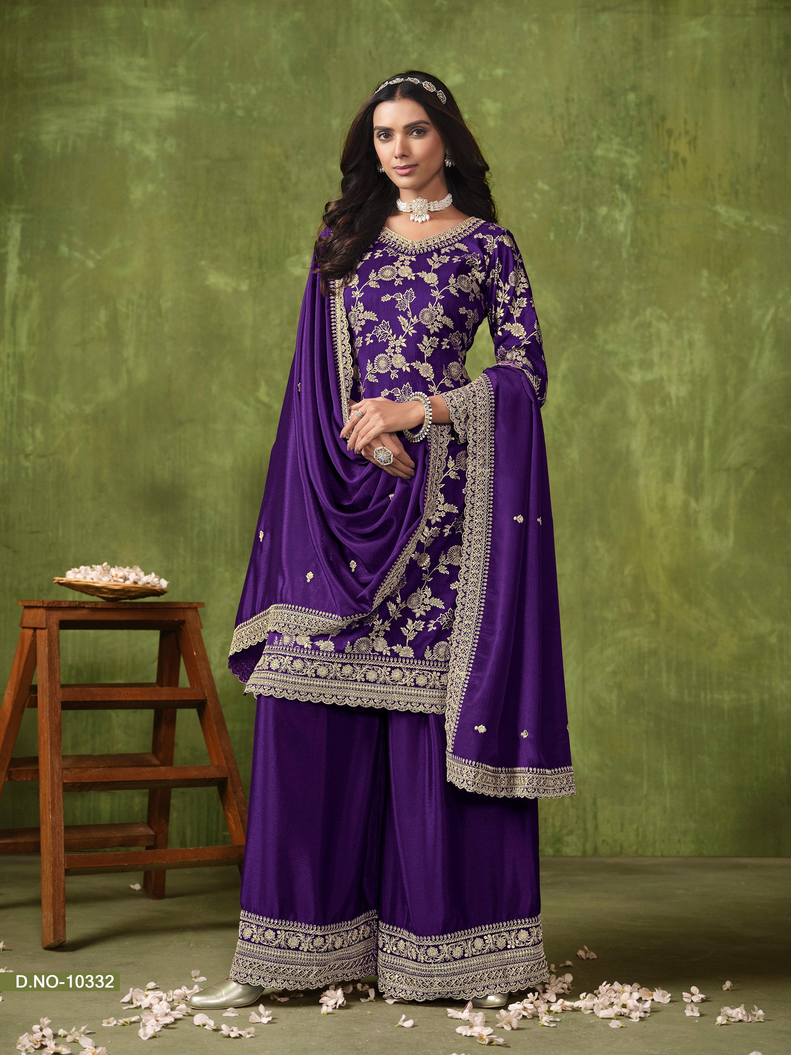 Purple Dola Silk Jacquard Festival Wear Top Palazzo Suit Outlet Official Site