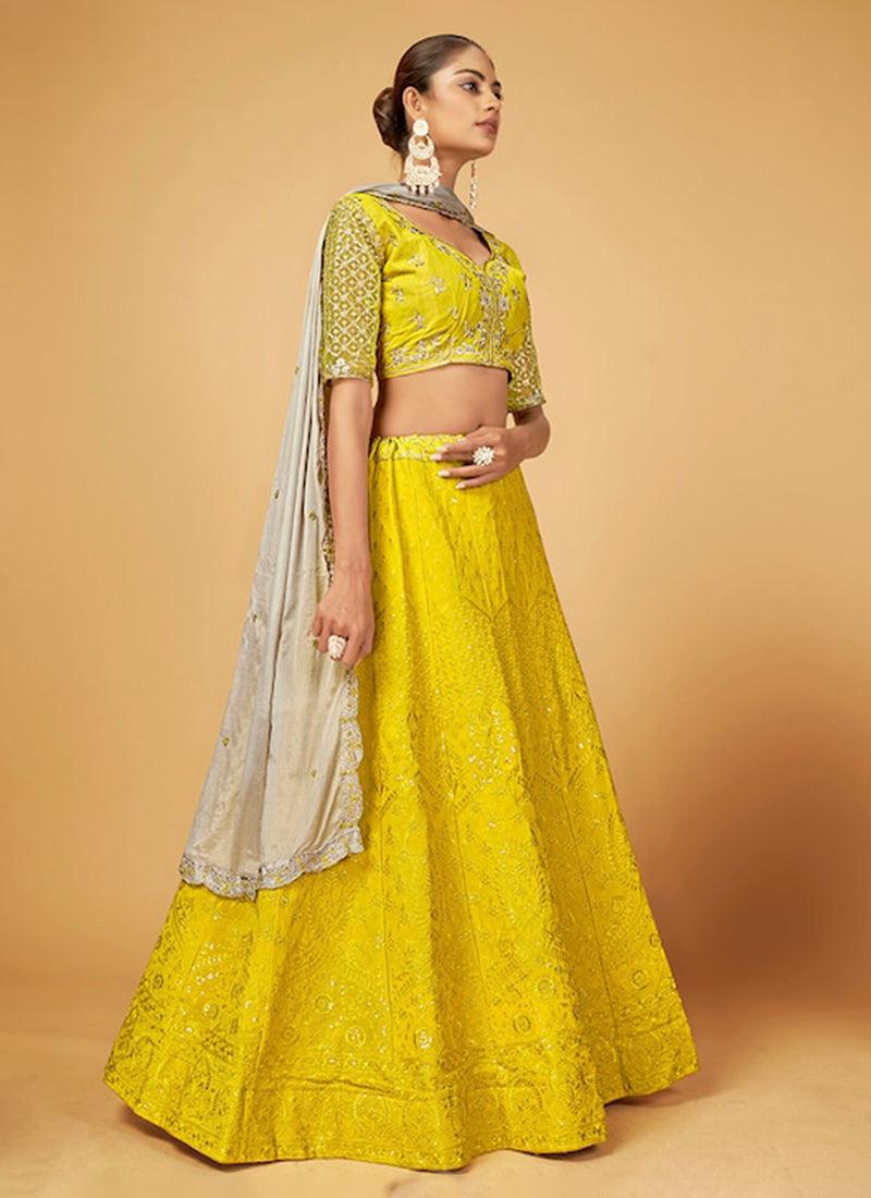 Lemon Yellow Color Georgette Base Thread Work Lehenga Choli Limited Edition Online