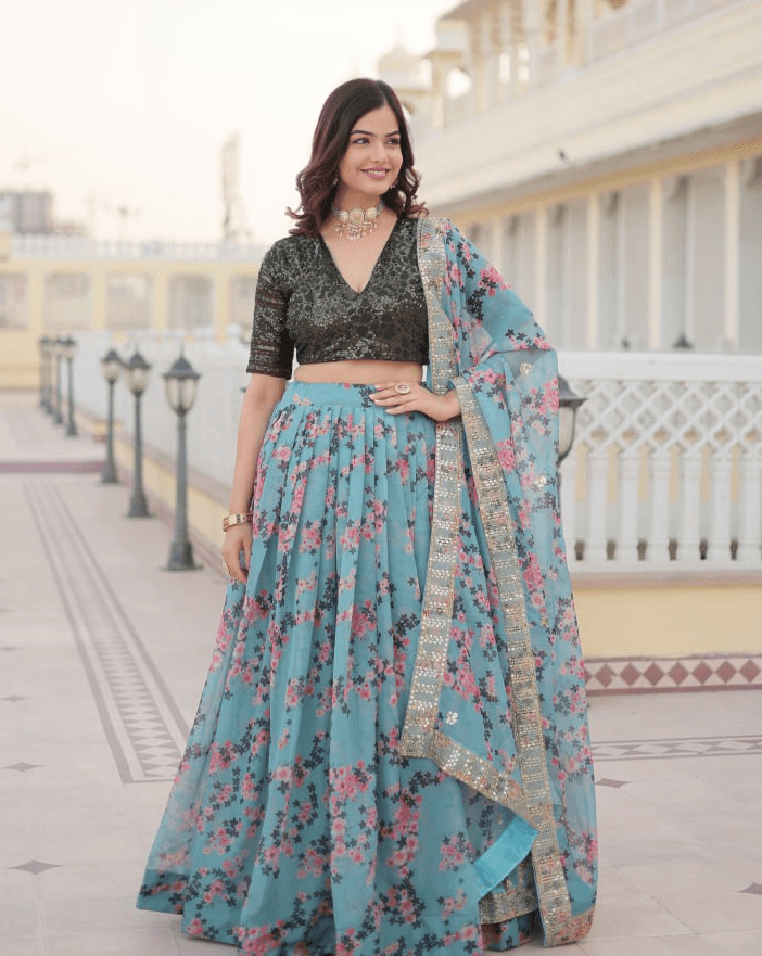 Sky Blue Silk Printed Lehenga with Embroidered Blouse Collections