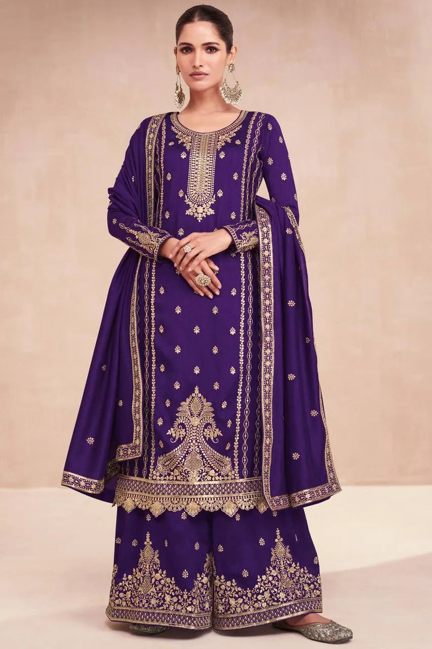 Pristine Purple Embroidered Vichitra Silk Palazzo Suit Buy Cheap For Cheap