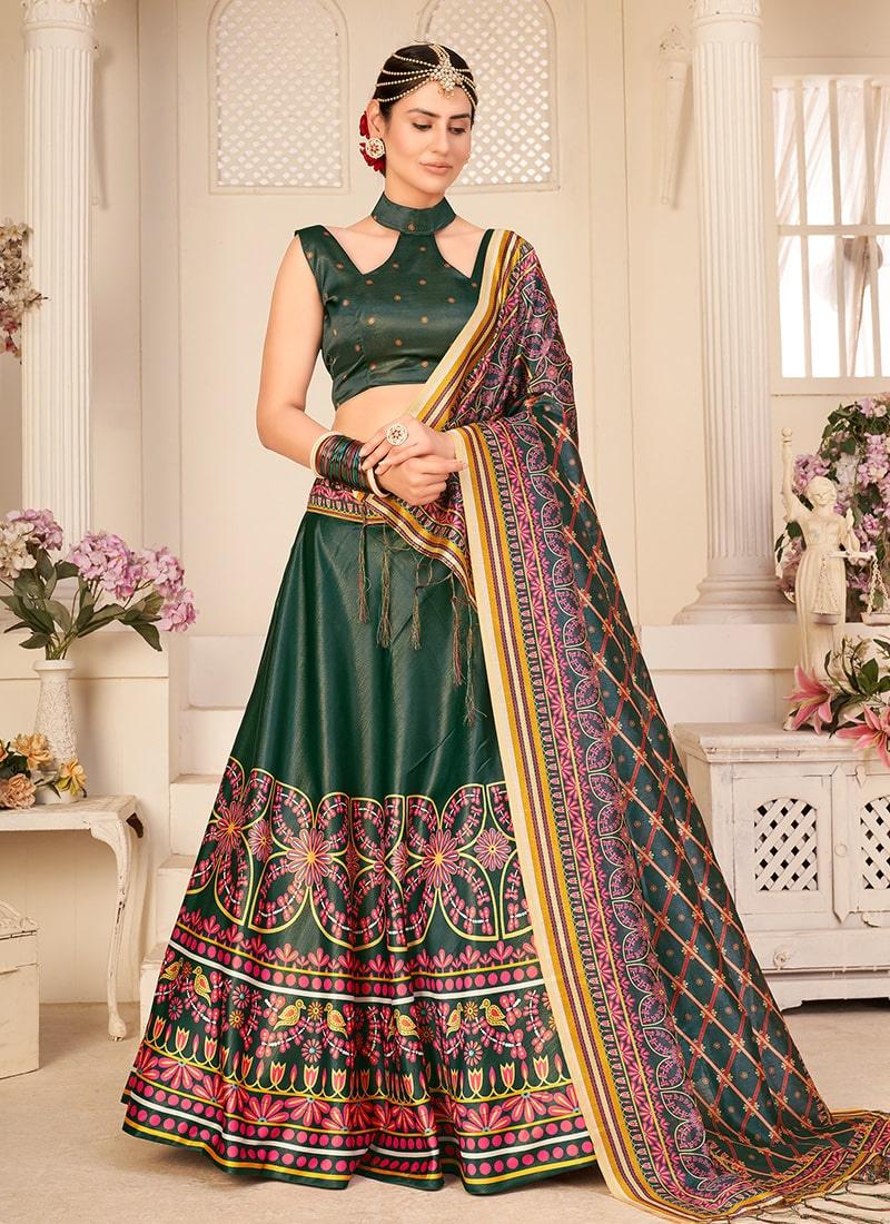 Digital Printed Sleeveless Blouse Grecian Neckline Green Lehenga Choli For Sale For Sale