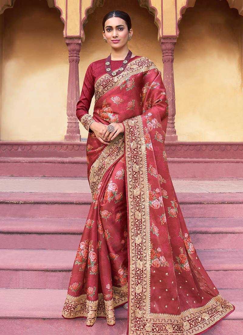 Embroidered Red Organza Floral Saree Free Shipping Release Dates