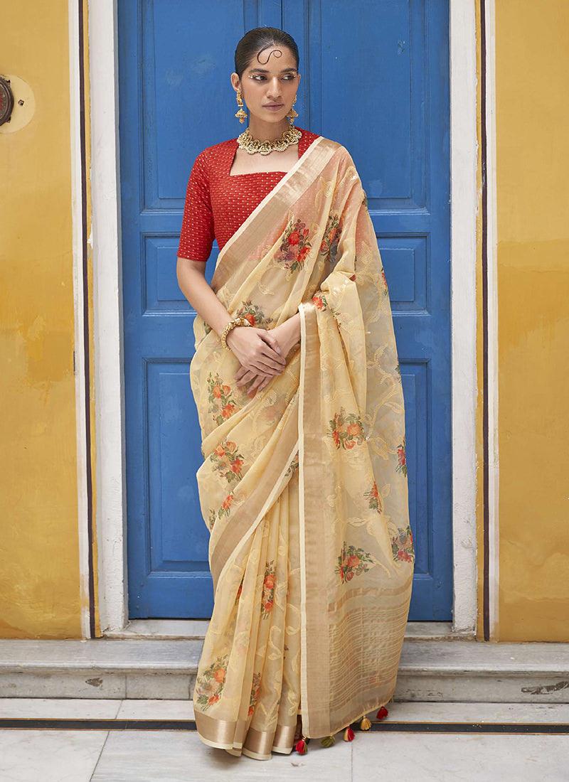 Lemon Yellow Square Neckline Floral Saree Clearance Pre Order