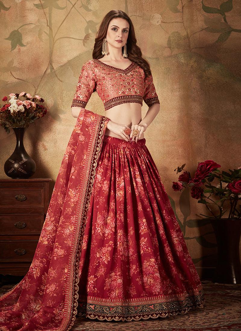 Red Colored Organza Material Floral Print Lehenga Choli Enjoy Online