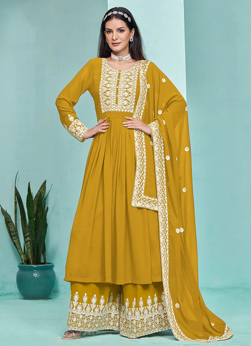 Traditional Mustard Yellow  Embroidered  Anarkali Palazzo Suit Sale Ebay