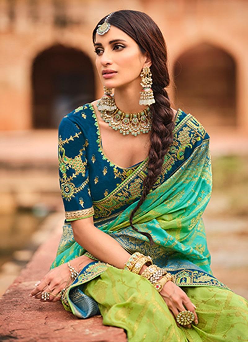 Silk Weave Embroidered Two Shaded Green Saree Cheap With Credit Card