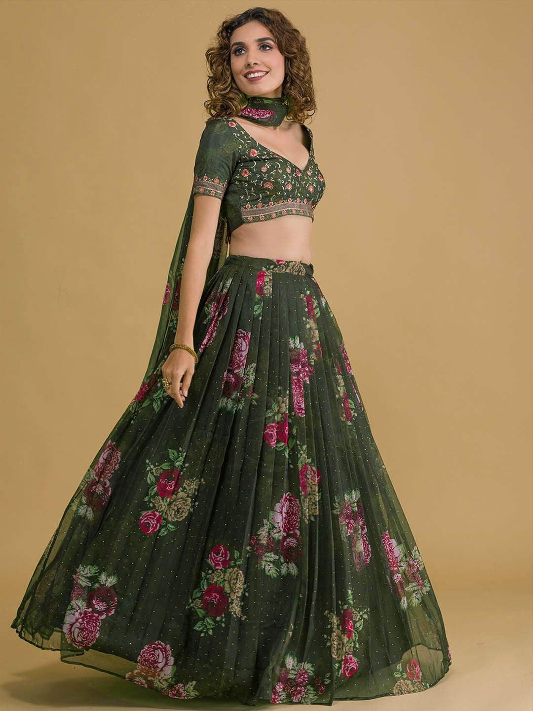 Green Organza Embroidered and Thread work lehenga choli Cheap Sale Wiki