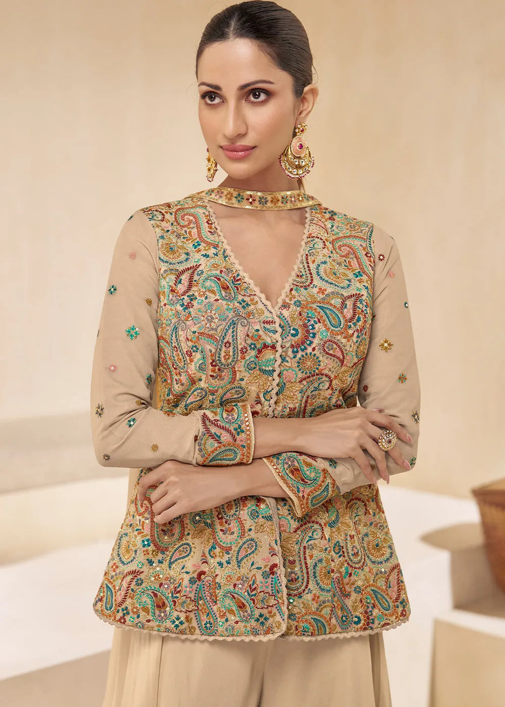 Light Brown Pure Georgette Floral Embroidered Designer Top Palazzo Suit Cheap Sale Outlet