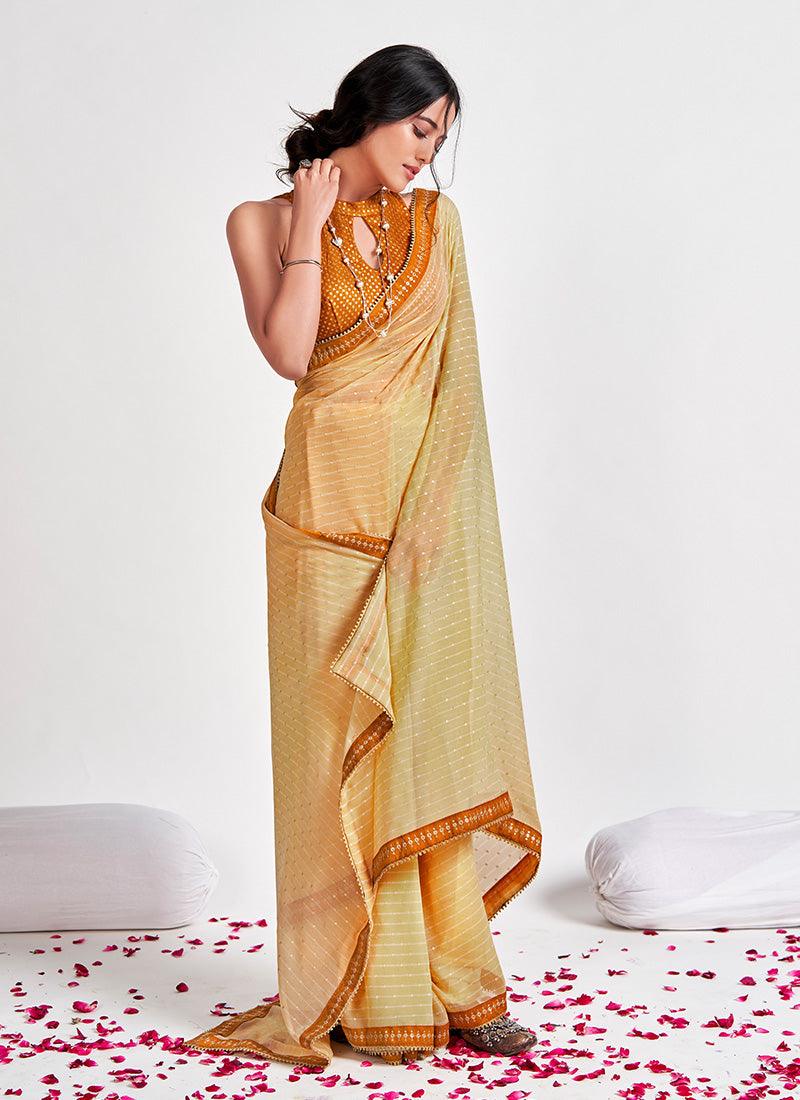 Ochre Yellow Color Georgette Base Printed Saree With Matching Blouse Cheap Pice Store