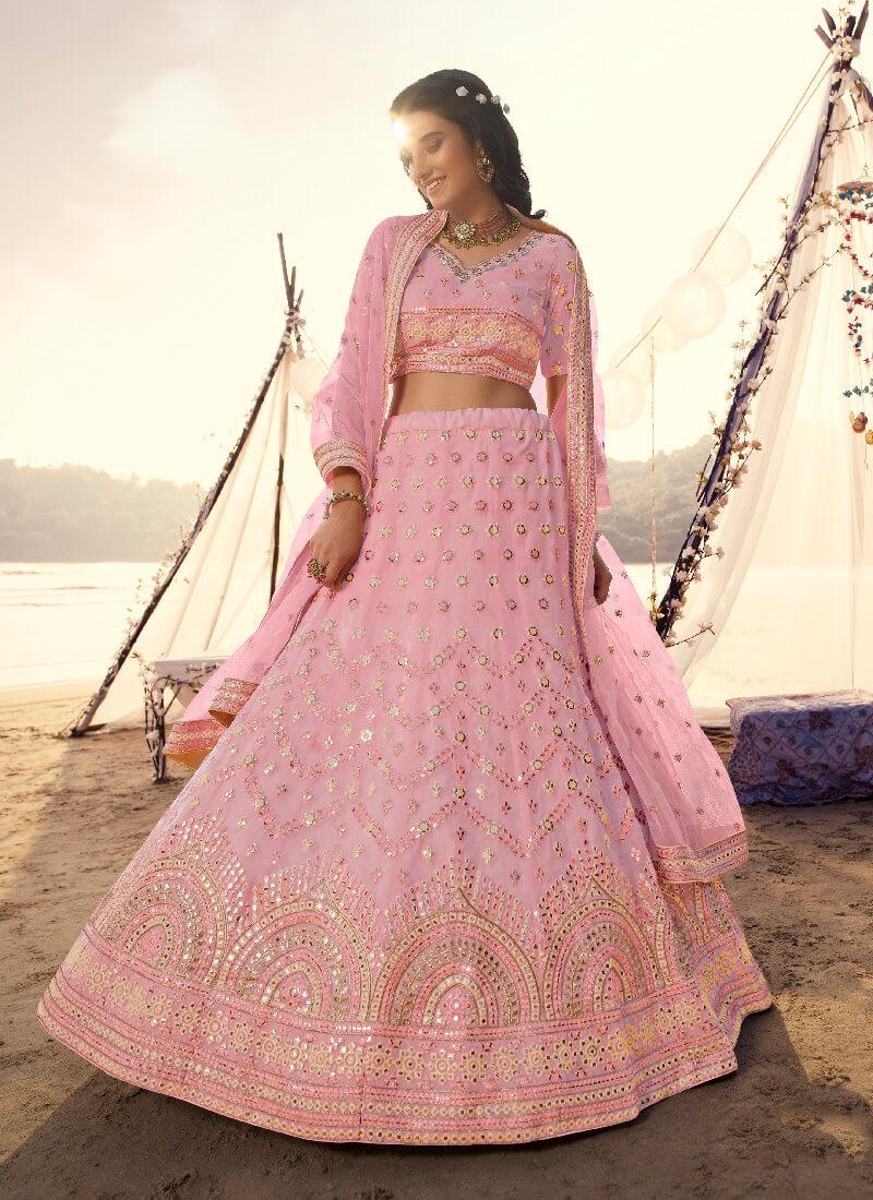 Soulful Pink Foil Mirror Work Organza Lehenga Choli Set Clearance Limited Edition