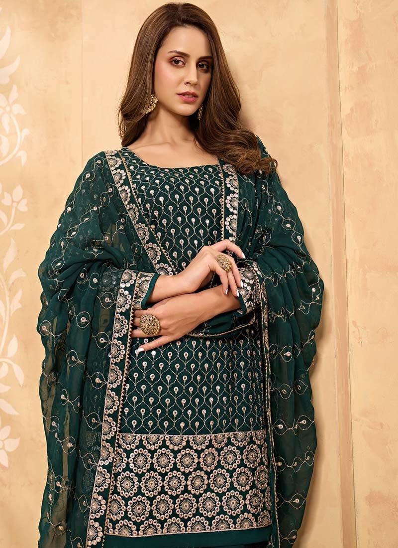 Georgette Fabric Zari And Mirror Work Green Color Sharara Salwar Suit With Credit Card