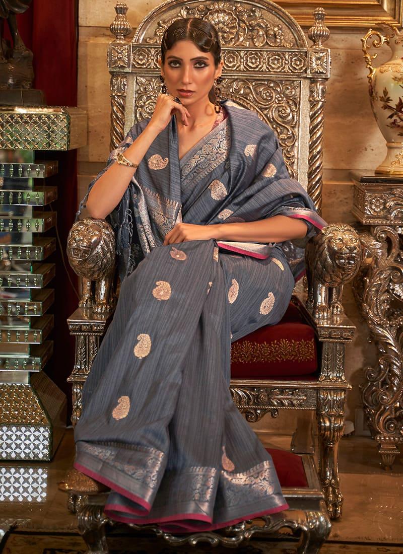 Magnificent Grey Color Silk Base Saree With Contrast Blouse 2025 New Cheap Online