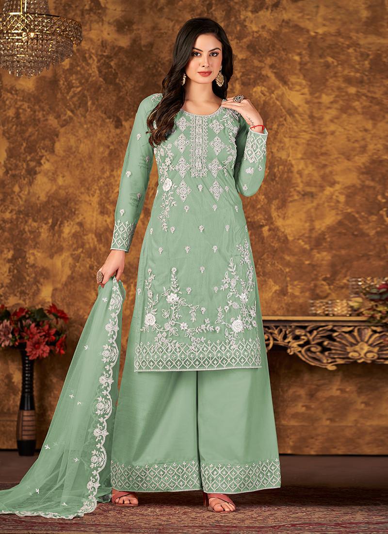 Embroidery With Pearl Work Green Palazzo How Much