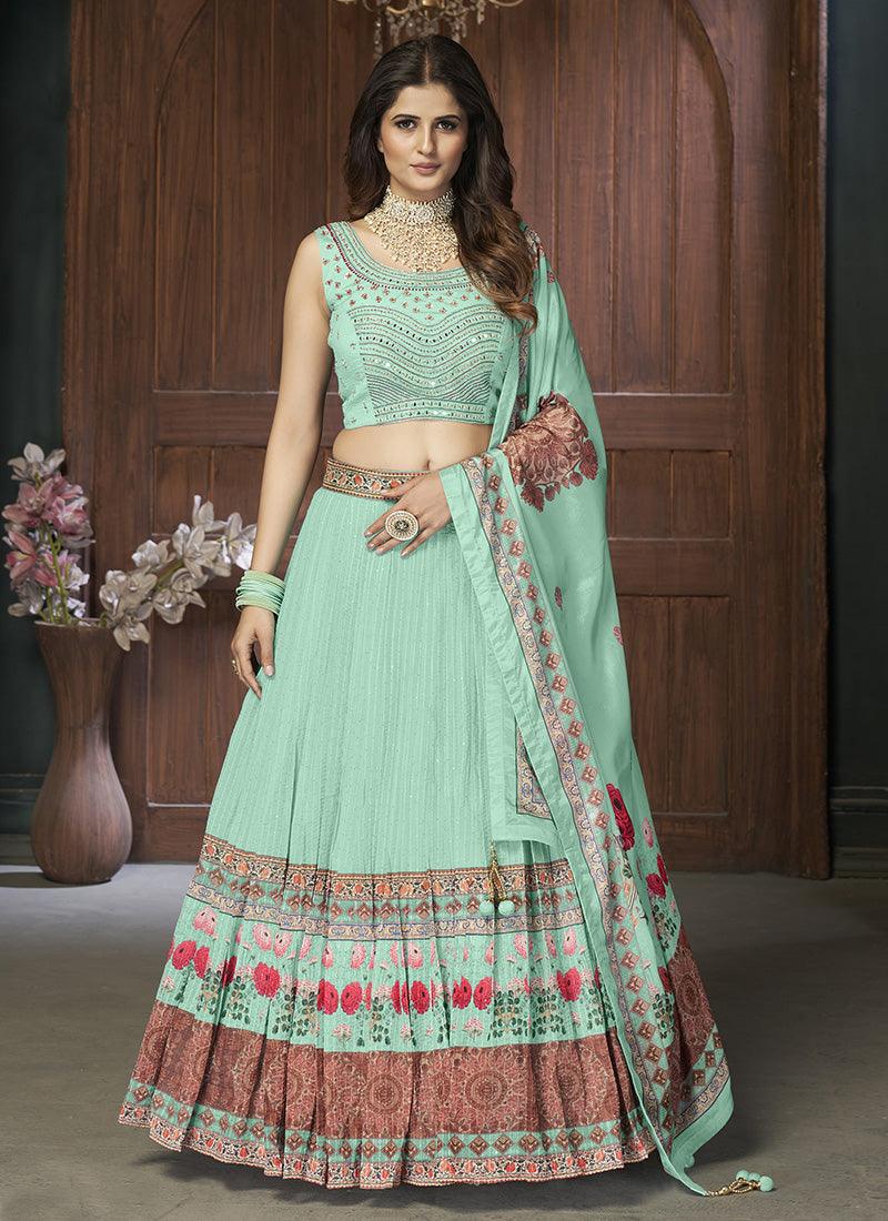 Sea Green Color Art Silk Fabric Lehenga With Sequins Work Cheap Professional