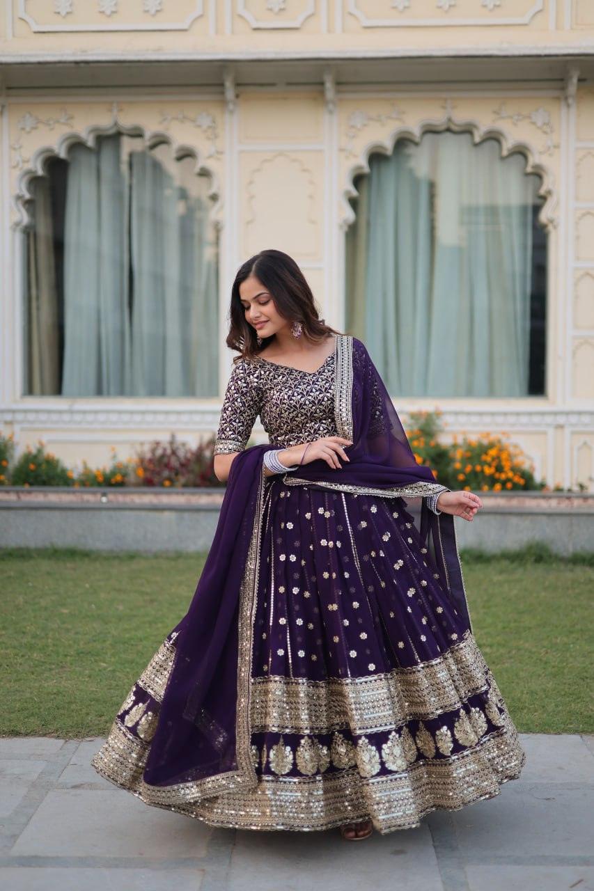 Wonderful Purple Faux Georgette Heavy Sequins Embroidered Lehenga Choli Set Cheap Sale How Much