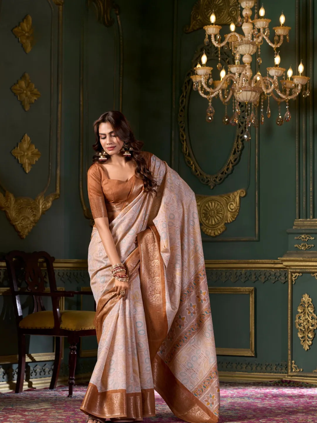 Divine Dusty Brown Soft Dola Silk Printed Saree Cheap Sale With Credit Card