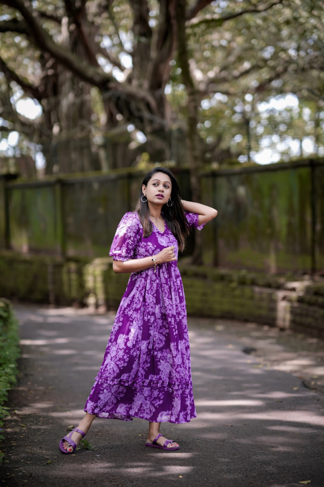 Sizzling Summer Style Georgette Purple Floral Printed Dress Shop For Sale