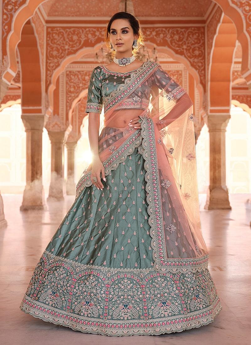 Rama Green Color panelled Lehenga With Thread And Zari Work Clearance 2025 Unisex