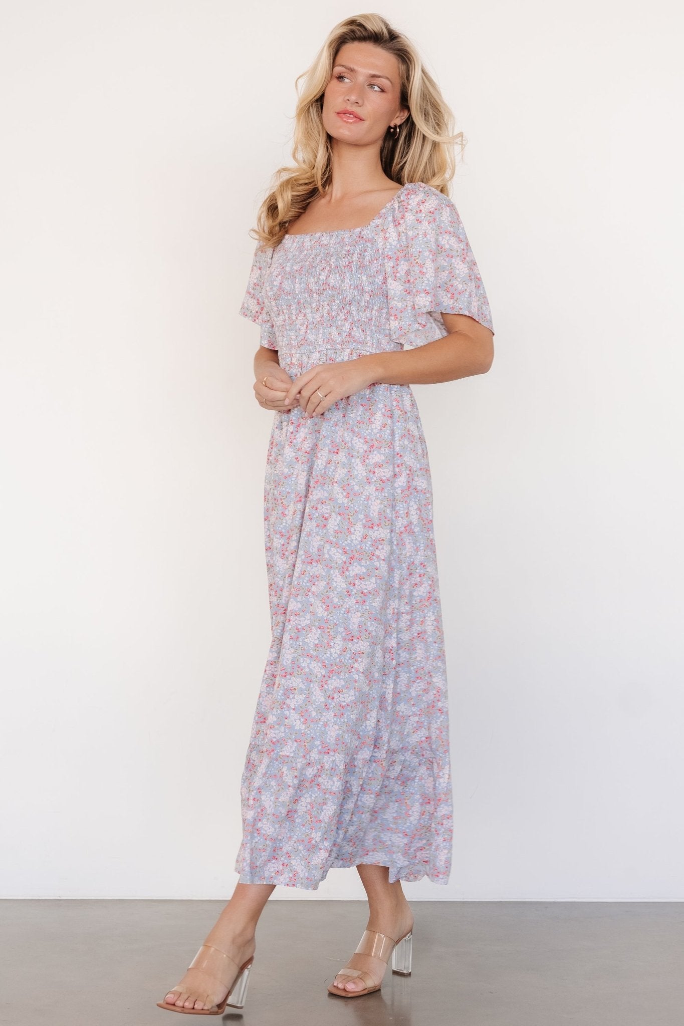 Lyssa Smocked Dress | Dusty Blue Floral Discount Explore