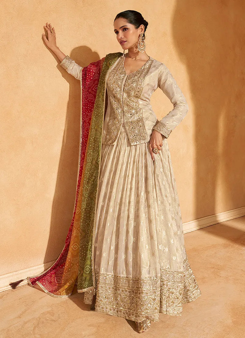 Breathtaking Beige Embroidered Designer Lehenga Kurta Sale Deals