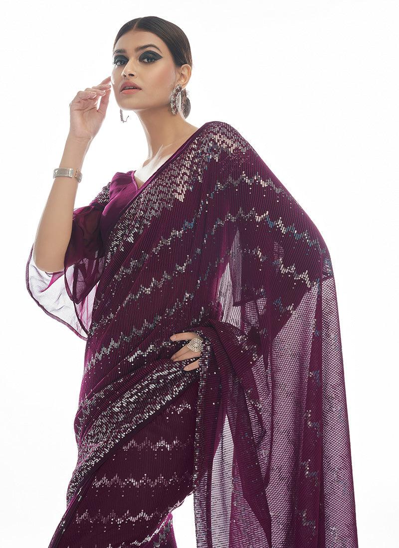 Wine Color Georgette Base Party Wear Saree Clearance Free Shipping