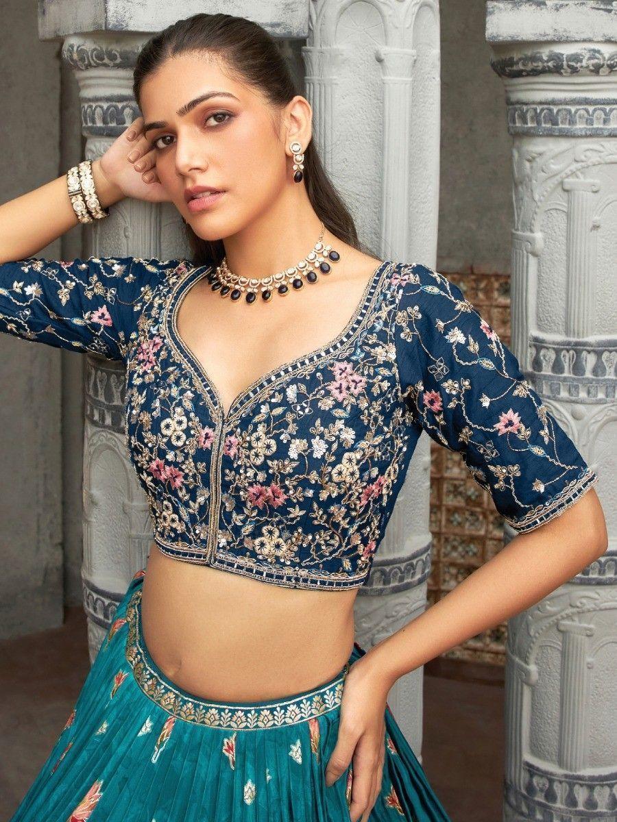 Outstanding Blue Zari Woven Silk Wedding Wear Lehenga Choli Set Clearance Store Cheap Online