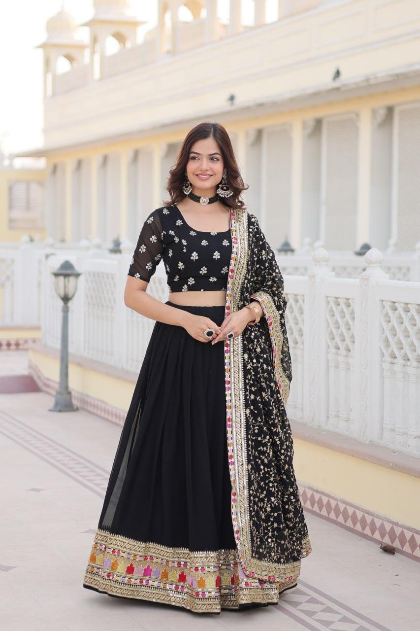 Stunning Black Faux Georgette Heavy Thread Sequins Embroidered Lehenga Choli Set Outlet Online Shop