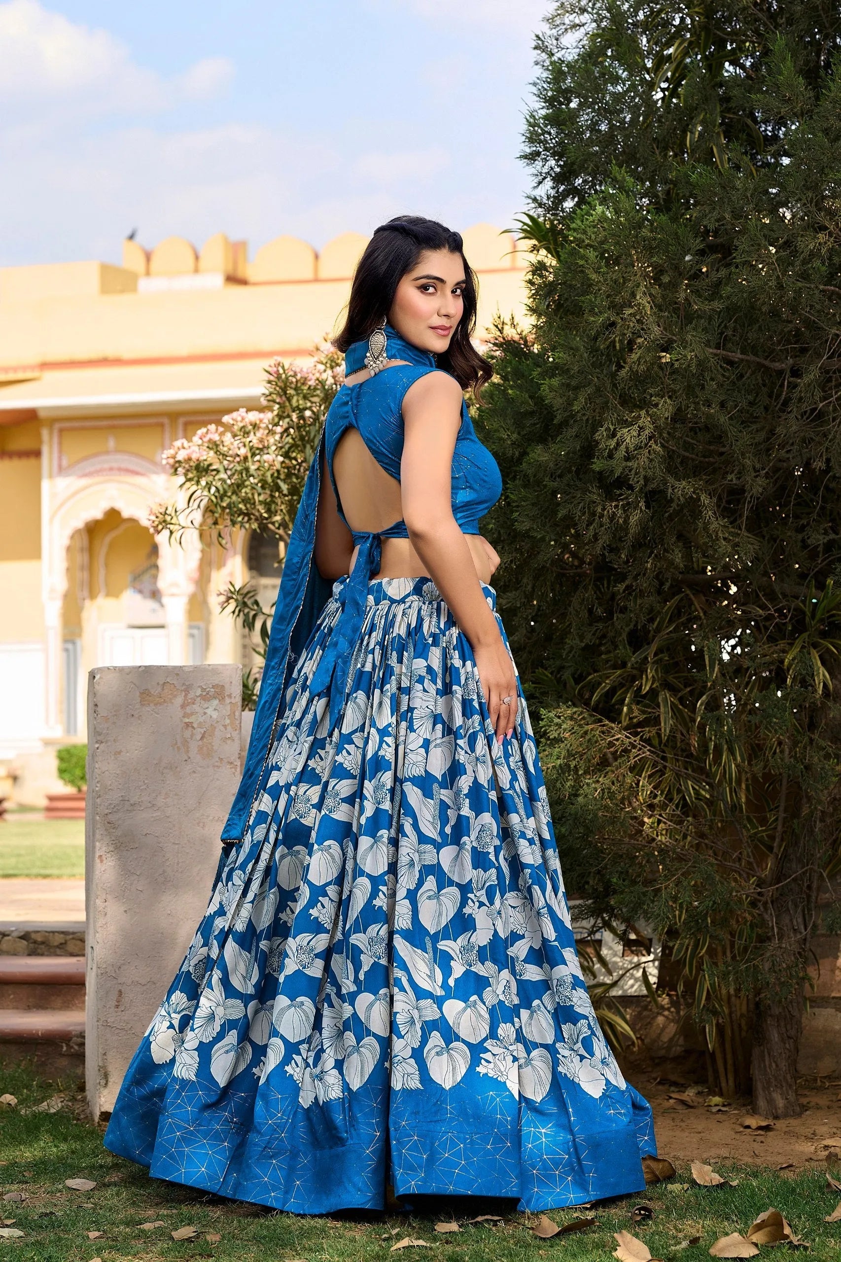 Lovely Royal Blue Tussar Silk Floral Printed Lehenga Choli Set New Styles For Sale