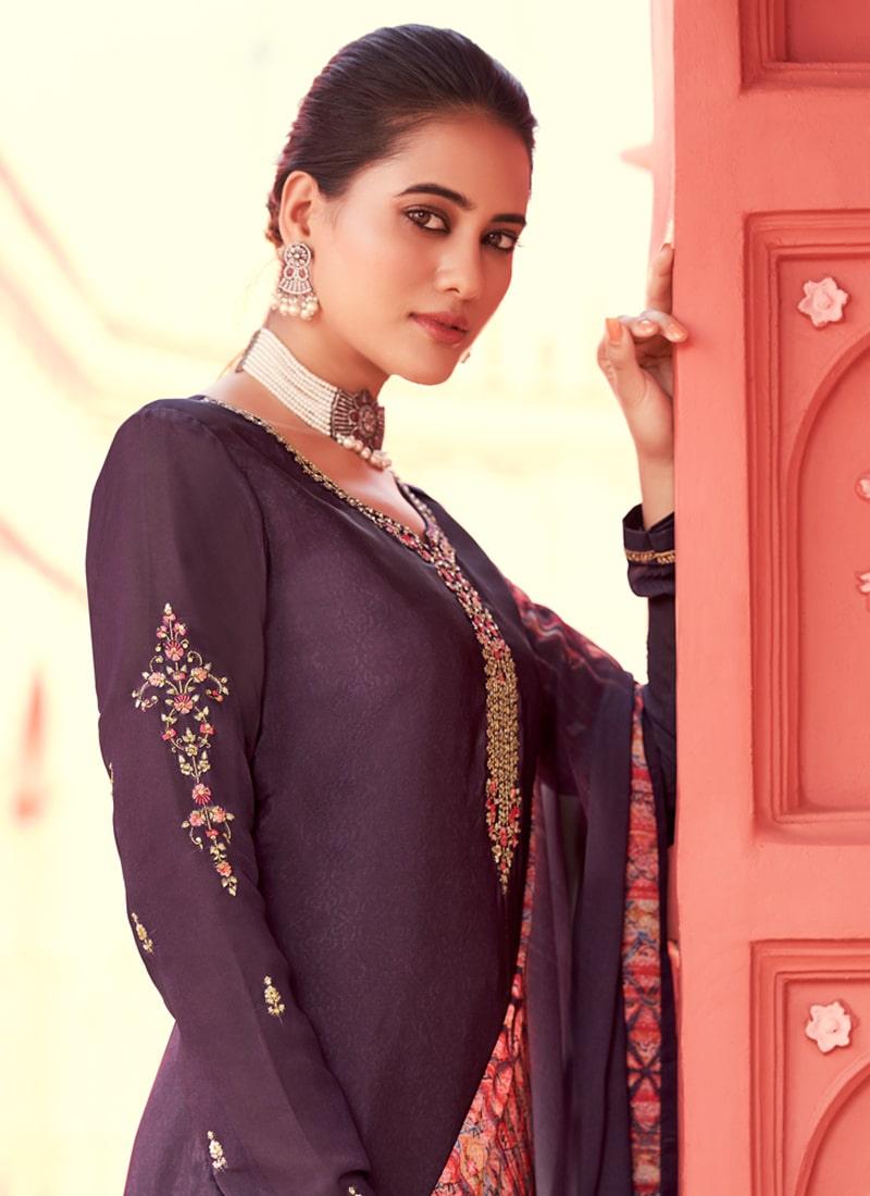 Purple Color Crepe Fabric Printed Palazzo Suit With Chiffon Dupatta Discount Online