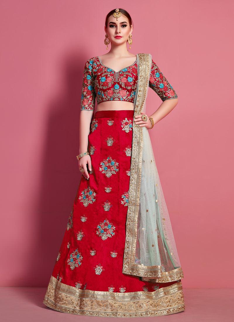 Red Floral Motif Art Silk Base Wedding Wears Lehenga Choli Cheap Sale Best Pices