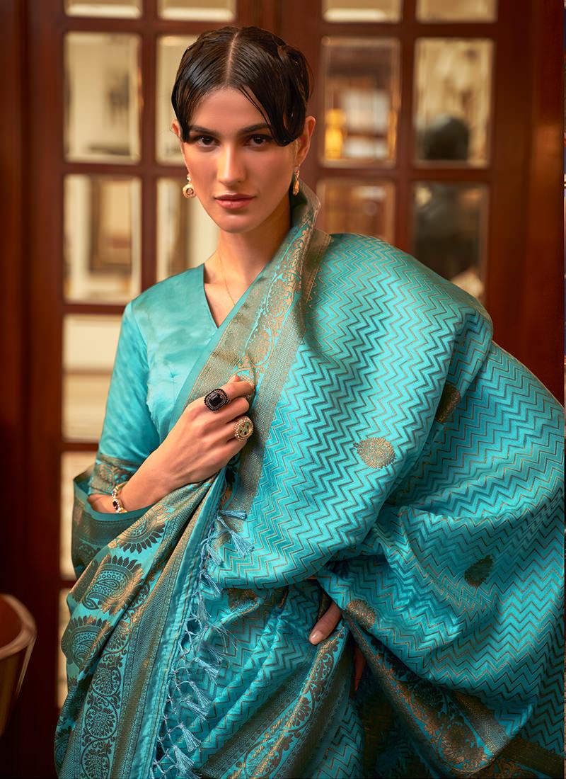 Turquoise Color Classic Wear Satin Silk Saree Buy Cheap Free Shipping