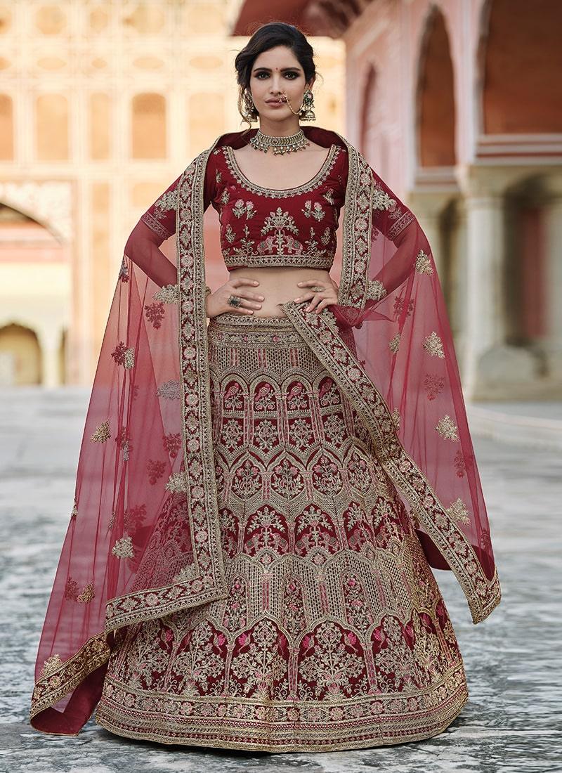 Enchanting Look Heavy Work Maroon Color Velvet Material Lehenga Buy Authentic Online