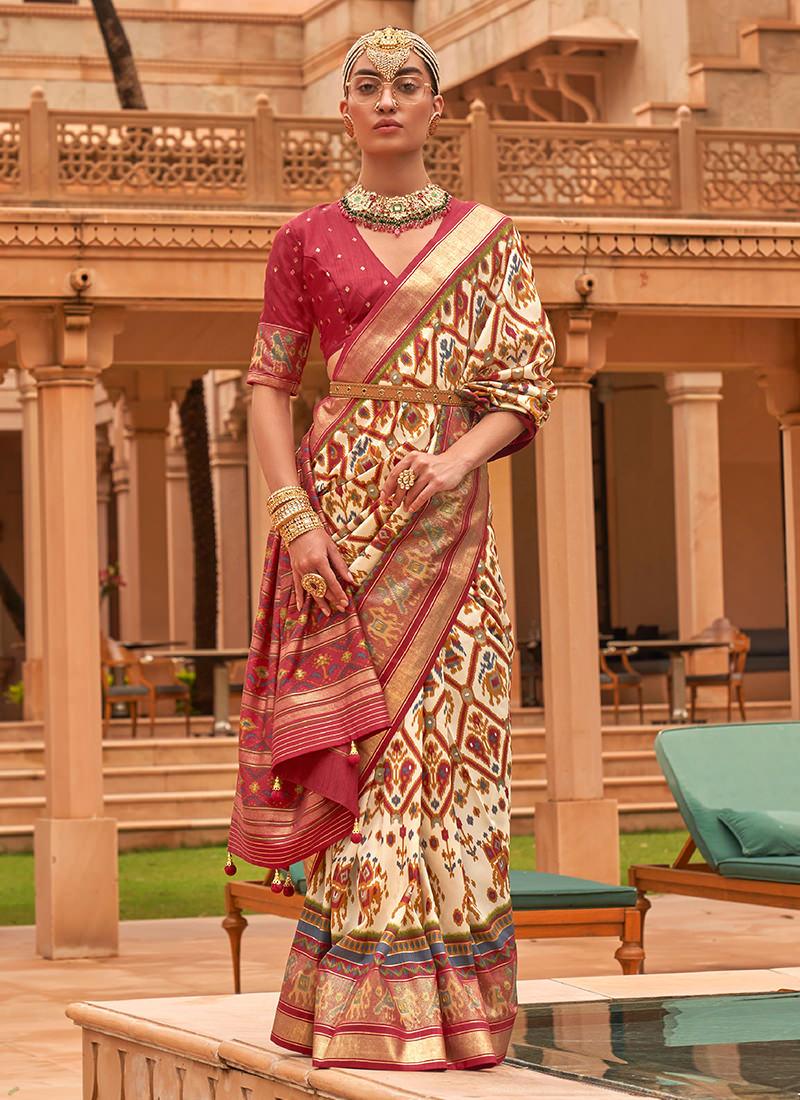 Cream Smooth Silk Foil Print With Patola Saree Clearance Low Pice