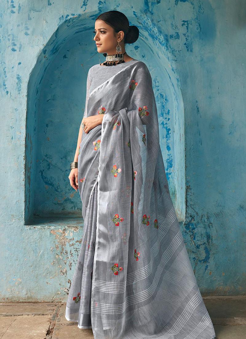 Grey Linen Saree With Sleeveless Blouse Browse Cheap Online