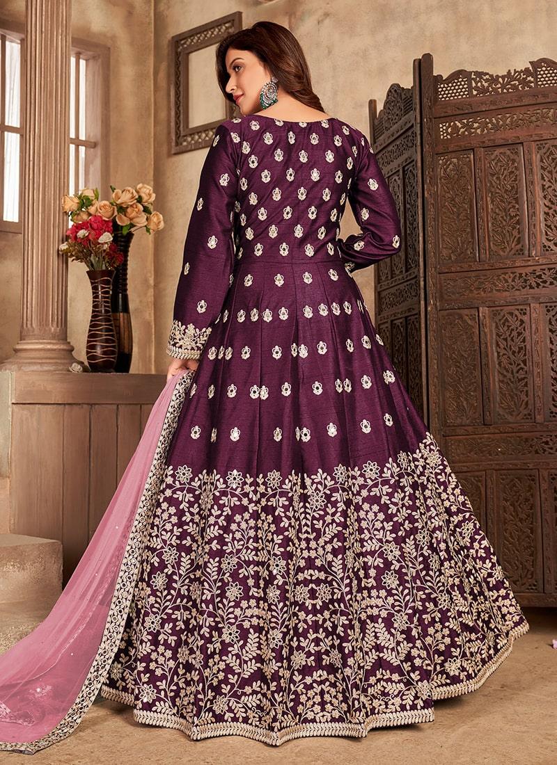 Purple Color Art Silk Fabric Mirror Work Full Sleeves Slit-Cut Salwar Suit Cheap Sale Low Pice Fee Shipping