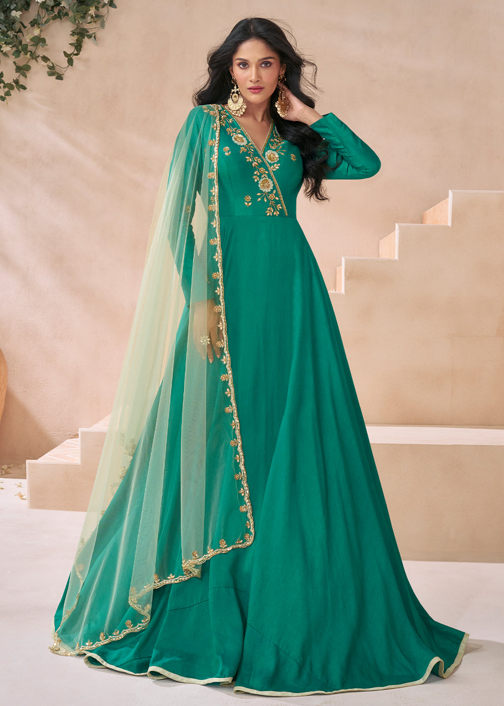 Elegant Cyan Green Pure Silk Embroidered Anarkali Suit Newest Online