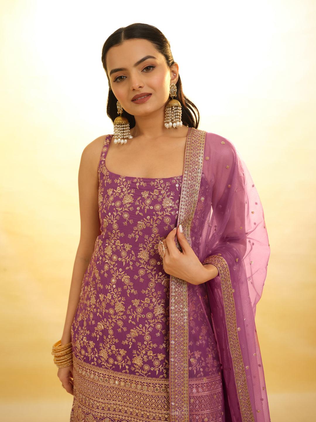 Lilac Embroidered Georgette Sharara Suit with dupatta Cheap Pice Original