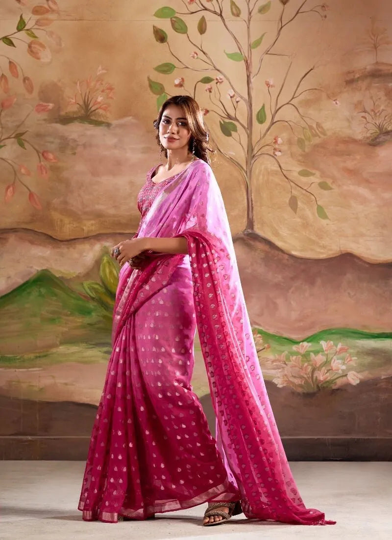 Digitally Printed Zari Weaving Georgette Silk Saree in Pink Sast