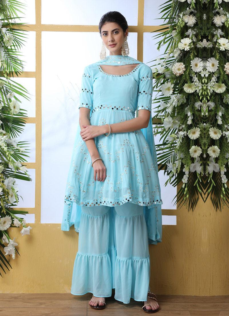 Sky Blue Resham Mirrorwork And Georgette Salwar Suit Sale Popular