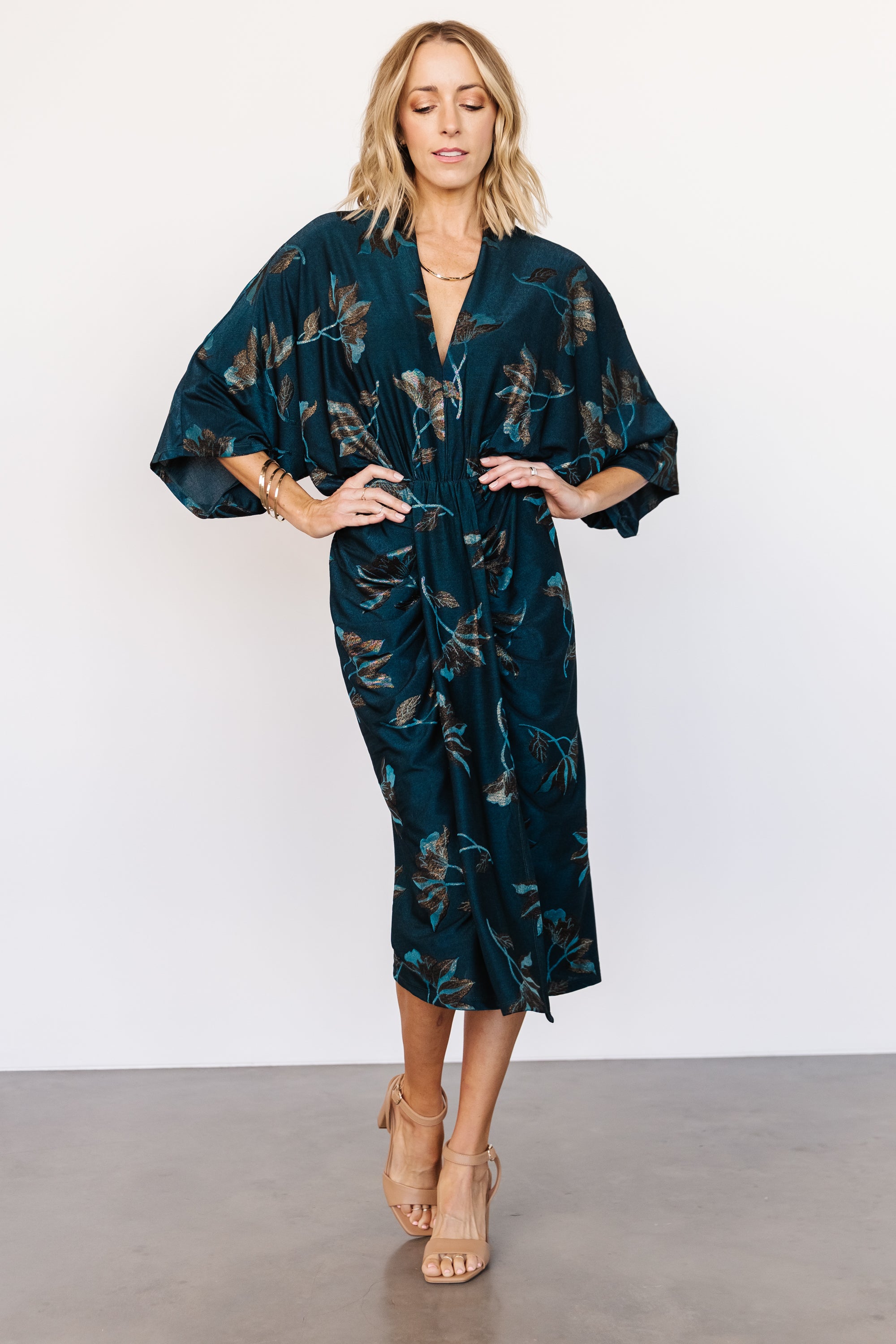 Shaneen Ruched Midi Dress | Jade Floral Shimmer Outlet Cheap