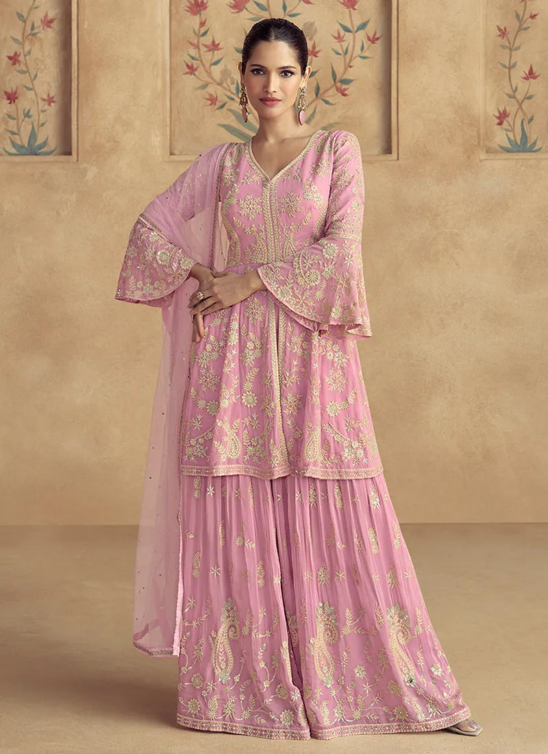 Flawless Soft Pink Traditional Embroidered Sharara Suit Largest Supplier Cheap Pice