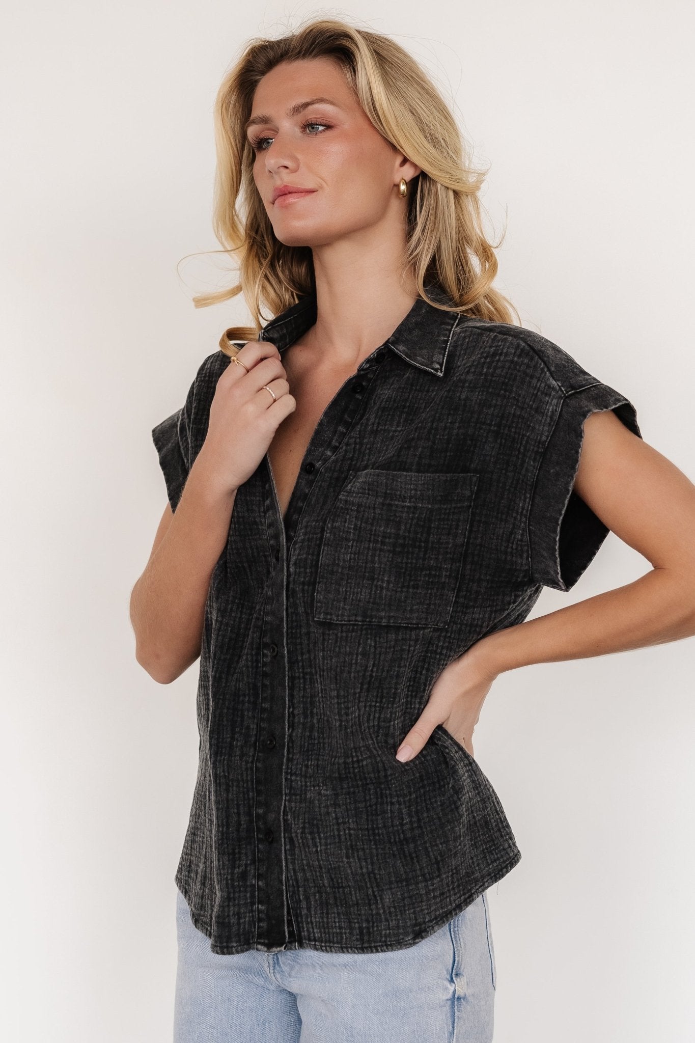 Jaye Button Top | Washed Black Clearance Cost