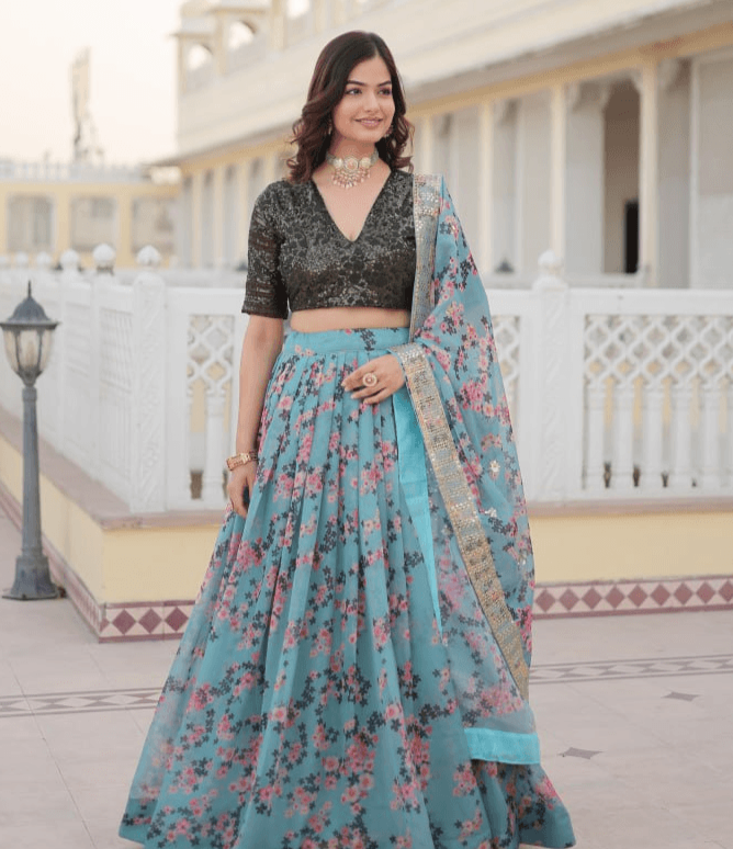 Sky Blue Silk Printed Lehenga with Embroidered Blouse Collections