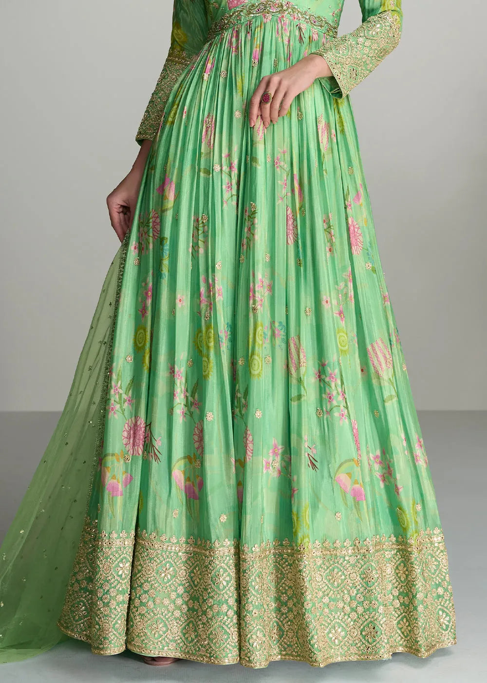 Pastel Green Digital Floral Printed Chinon Anarkali Gown Brand New Unisex Cheap Online