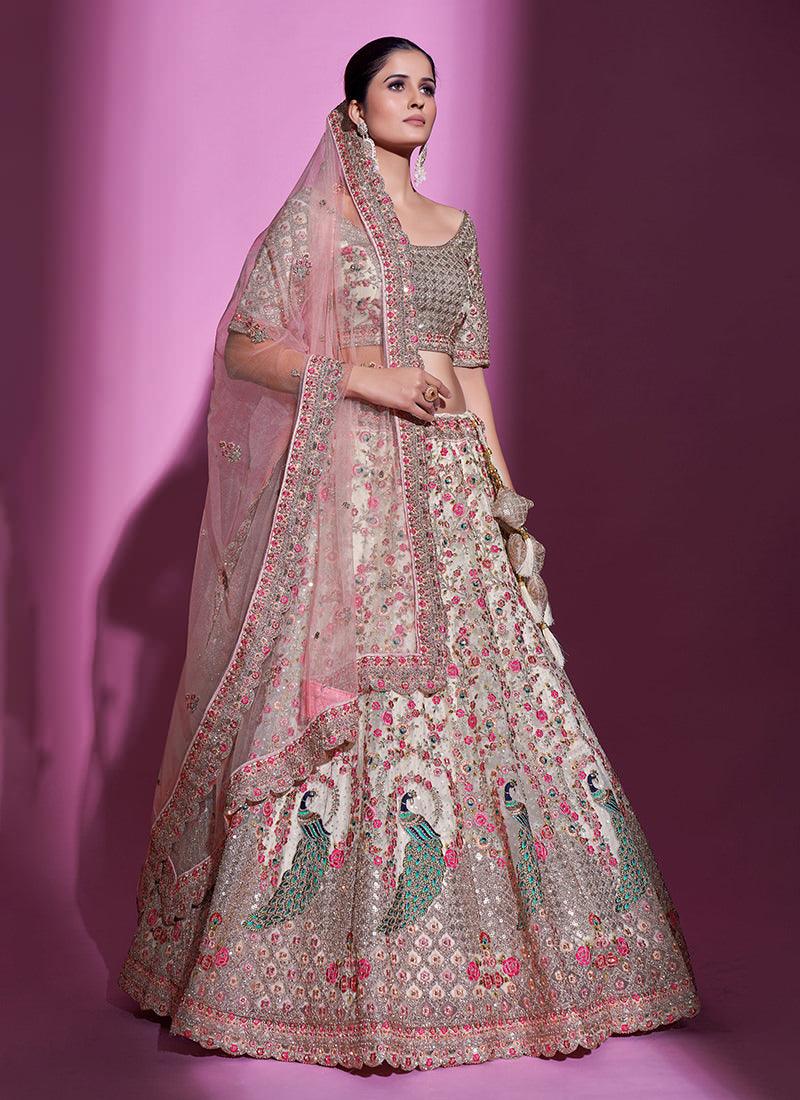 Heavy Work Cream Soft Net Wedding Lehenga Discounts