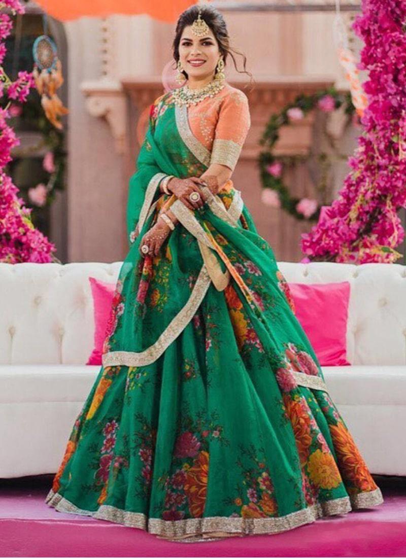 Sensational Green Color Organza Material Floral Print Lehenga Collections For Sale