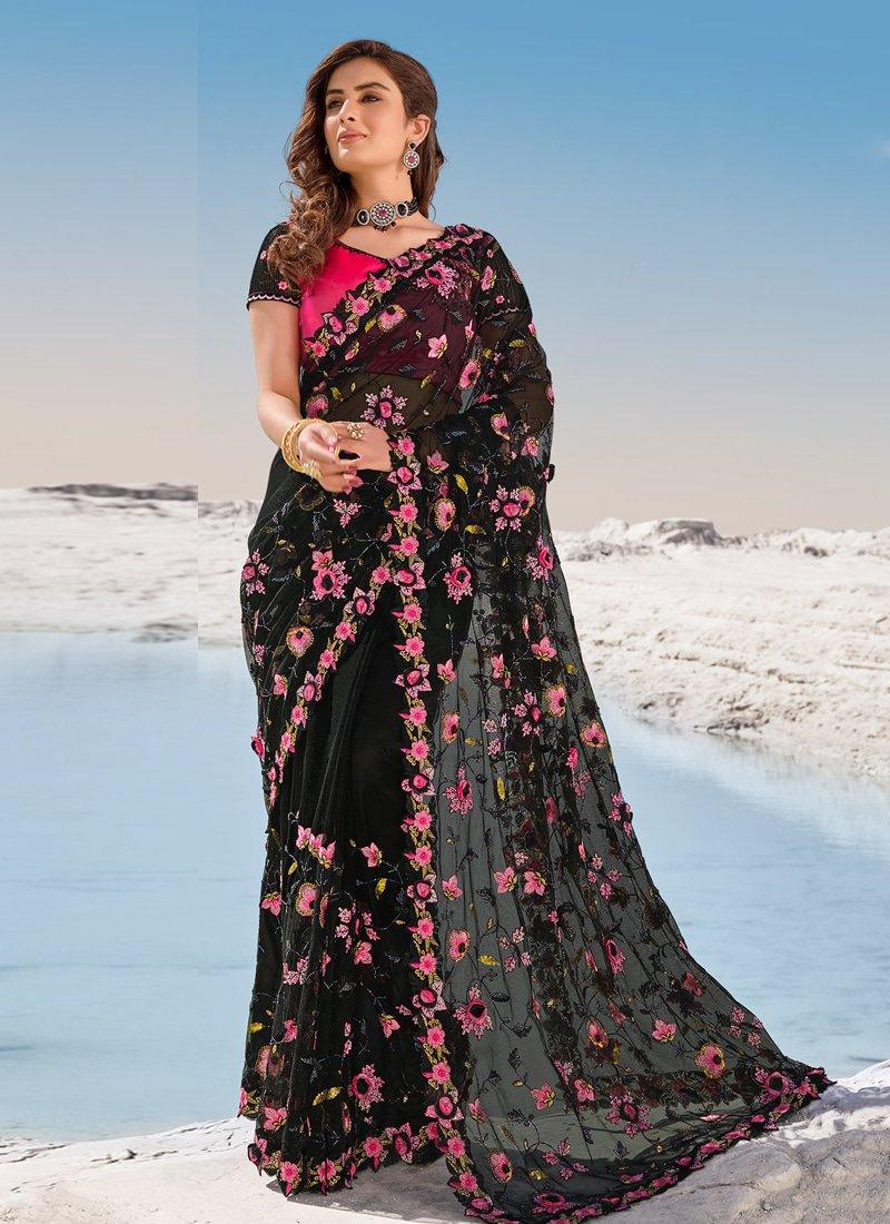 Splendid Look Black Color Soft Net Base Sequins And Resham Work Saree Cheap Low Pice Fee Shipping