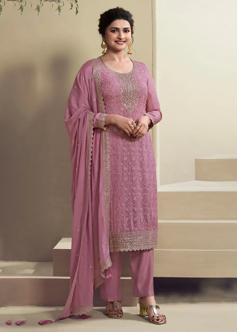 Dusty Pink Schiffli Embroidered Organza Salwar Kameez Set Quality Free Shipping