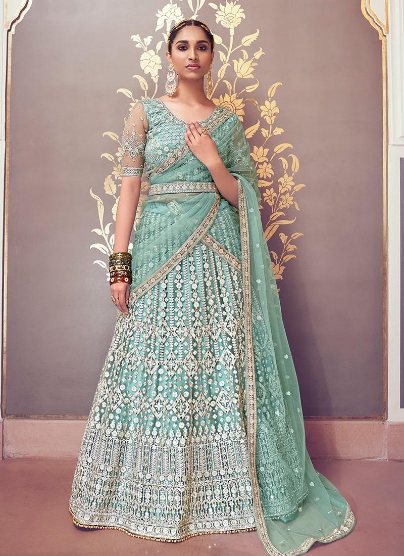 Heavy Zarkan And Mirror Work Dusty Sea Green Color Bridesmaid Lehenga Choli Buy Cheap Explore